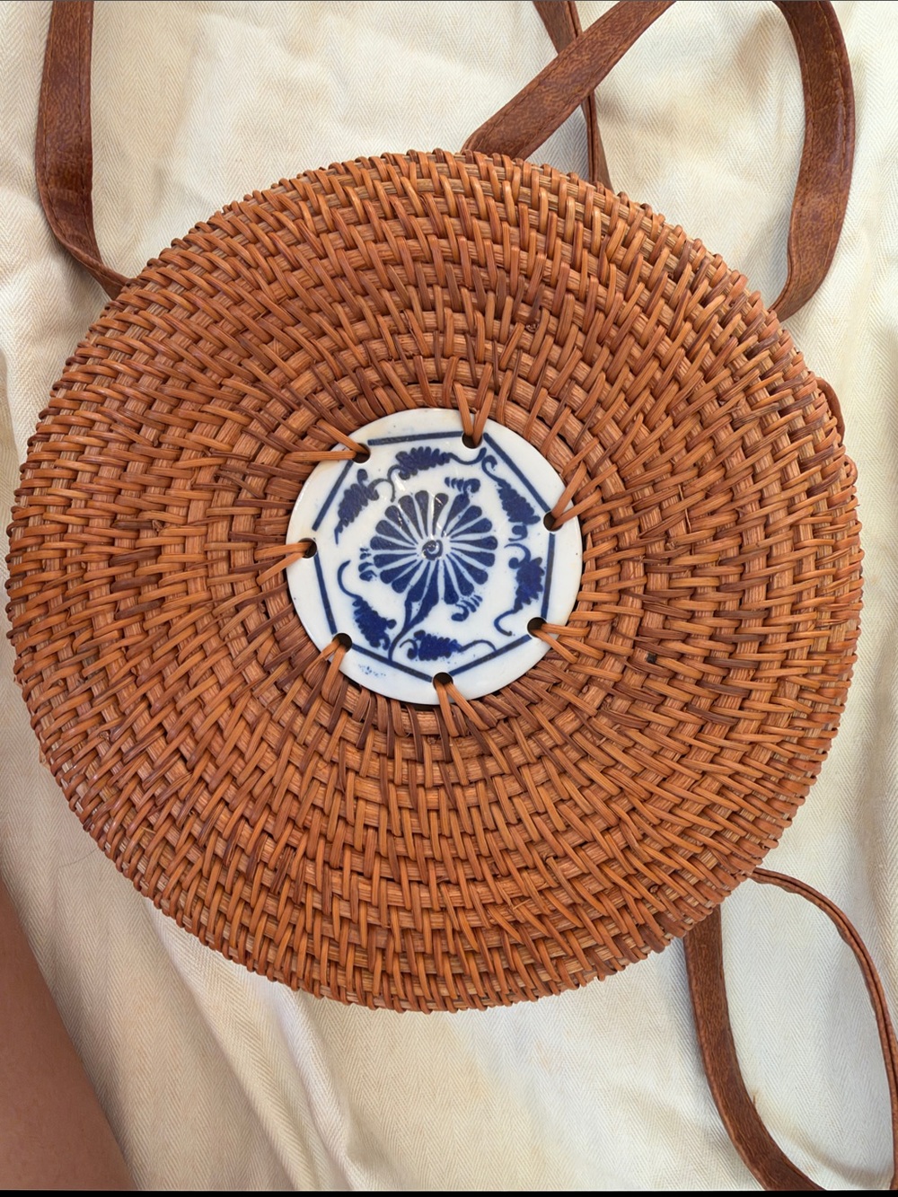 Woven Rattan Tote Bag with Navy Lining